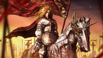 Fototapeta premium A beautiful female knight with divine golden eyes and hair in shiny plate armor with a red cloak and a flag rides in the middle of the crusader army on an armored horse, behind a bright sunset. 2d art