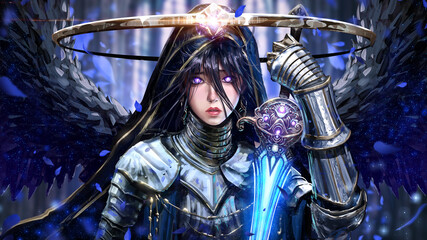Fototapeta na wymiar A sweet young angel girl with heavenly purple eyes, in dense shiny armor and a hood with golden patterns. she has black star wings and a magic sword, a wide halo over her head and black hair. 2d art