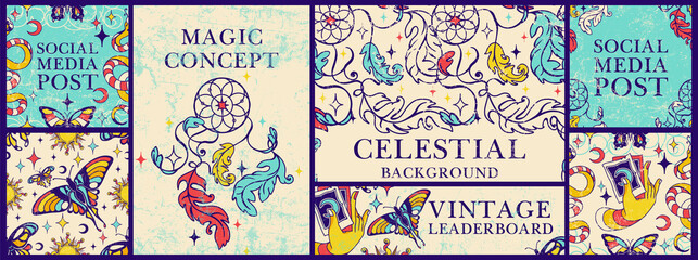 Celestial boho, tarot templates, leaderboard, frames for quotes or promotion, banners, social media posts. Vintage esoteric mystical theme with magic dreamcatcher, cards, butterflies.