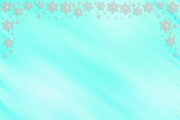 Winter blue turquoise saturated bright gradient background with diagonal slanted waves and white snowflakes. This is a wonderful congratulation, invitation, message for Christmas, New Year.