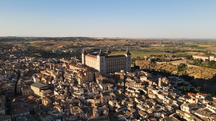Nice aerial image of the city of Toledo, with the cathedral and the old town. River that surrounds the cid