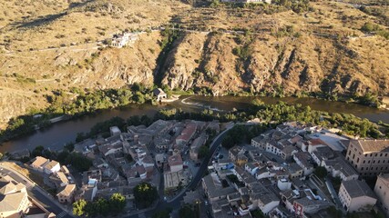 Nice aerial image of the city of Toledo, with the cathedral and the old town. River that surrounds the cid
