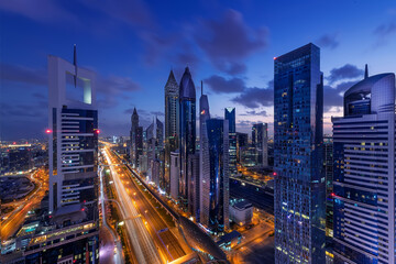 Fototapeta na wymiar Dubai skyline with beautiful city close to busiest highway of Dubai