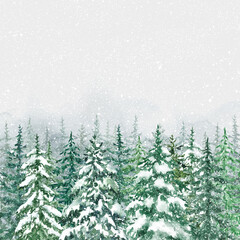 Fototapeta premium Watercolor winter conifer forest with falling snow, hand painted illustration. Natural frame for cards, invitations. Christmas background. Pine trees landscape