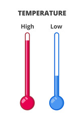 Vector illustration of two thermometers isolated on a white background. Red and blue thermometers, comparison of high and low temperature. Thermometer measures temperature, hot and cold weather.