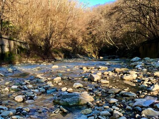 Beautiful view of the mountain river Agura with a rocky bottom. Stunning landscape in autumn forest. Outdoor concept. Clear flowing water of the river.  Pure clean nature.