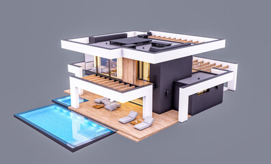 3d rendering of modern cozy house with pool and parking for sale or rent in luxurious style. In the evening. Isolated on gray