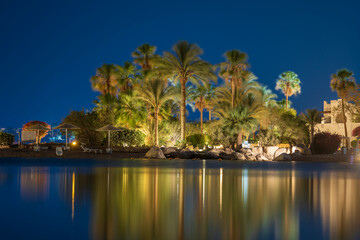 Fototapeta na wymiar Calm beach on the red sea at night in Sharm El Sheikh, Egypt