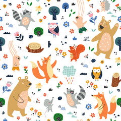 Seamless childish pattern with cartoon fox, bear, racoon, owl, bunny, mouse and forest elements. Creative kids texture for fabric, wrapping, textile, wallpaper, apparel. Vector illustration © Angelina De Sol