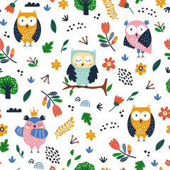 Seamless childish pattern with cartoon owl and forest elements. Creative kids texture for fabric, wrapping, textile, wallpaper, apparel. Vector illustration