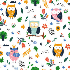 Seamless childish pattern with cartoon owl and forest elements. Creative kids texture for fabric, wrapping, textile, wallpaper, apparel. Vector illustration © Angelina De Sol