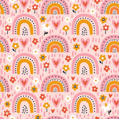 Seamless childish pattern with hand drawn rainbows and flowers. Creative scandinavian kids texture for fabric, wrapping, textile, wallpaper, apparel. Vector illustration