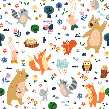 Seamless childish pattern with cartoon fox, bear, racoon, owl, bunny, mouse and forest elements. Creative kids texture for fabric, wrapping, textile, wallpaper, apparel. Vector illustration