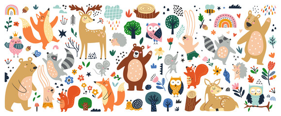 Isolated set with cute woodland forest animals in cartoon style. Ideal kids design, for fabric, wrapping, textile, wallpaper, apparel - obrazy, fototapety, plakaty
