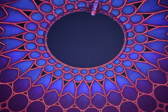 December, 2021 The center area of the event - Dubai, United Arab Emirates: Al Wasl Plaza dome roof with an opening at the Dubai EXPO 2020 in the United Arab Emirates