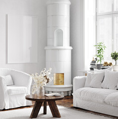 Obraz na płótnie Canvas Mockup frame in Scandinavian farmhouse living room interior, 3d render