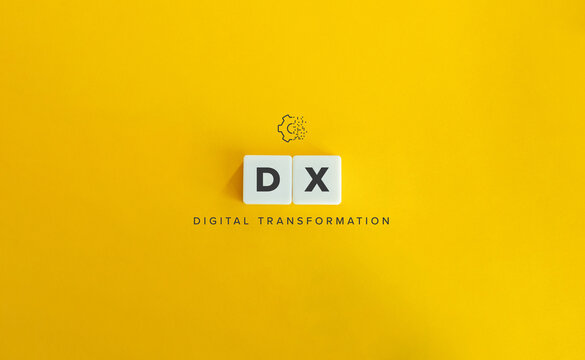 DX (digital transformation) banner and icon. Block letters on bright orange background. Minimal aesthetics.