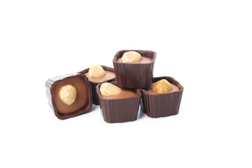 Chocolate candies with hazelnut isolated on white background