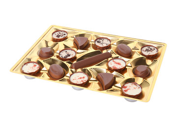 Chocolate candies in box isolated on white background