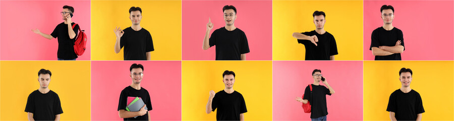 Collage of attractive male student on color backgrounds