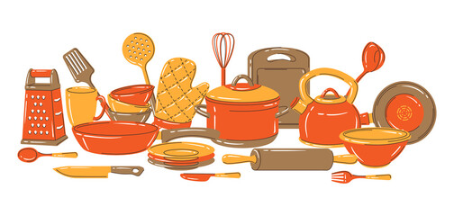 Background with kitchen utensils. Cooking tools for home and restaurant.