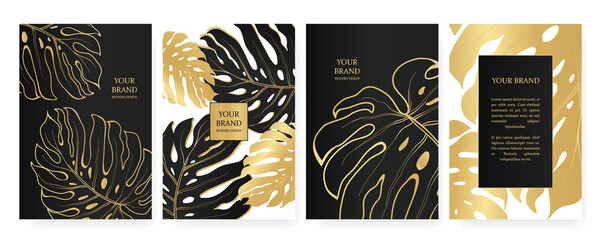 Exotic banner in black and gold colors. Floral cover, frame design set with tropical leaf pattern. Platinum vertical vector template for lux invitation party, luxury voucher, gift card. © KateSvc
