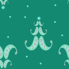 Naklejka premium Festive background of Christmas trees, like Paisley, turkish buta, stars in green colors. Seamless elegant bright background for packaging, textiles, gift boxes.