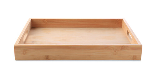 One empty wooden tray isolated on white