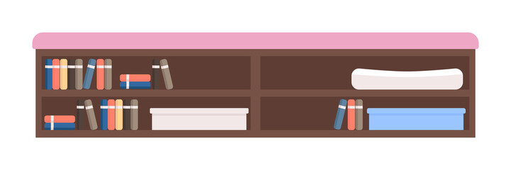 Book shelves with seat semi flat color vector object. Realistic item on white. Contemporary interior furniture isolated modern cartoon style illustration for graphic design and animation