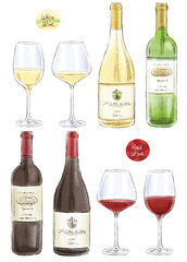 A set of hand-drawn illustrations of red wine and white wine. Two types of bottles and two types of glasses.
