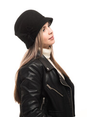 Woman in black felt hat and leather jacket