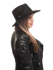 Fototapeta premium Woman in black felt hat and leather jacket