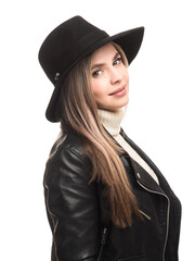 Fototapeta premium Woman in black felt hat and leather jacket
