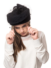 Girl in a black felt hat with a veil