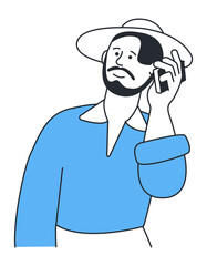 Obraz premium Man talking on phone. Hat guy calling on mobile from vacation