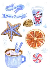 watercolor Christmas set.mug with cocoa,marshmallows,tubes,ginger cookies in star  shape,milk and cookies for Santa,orange slices, sucking sweets,blue ribbons with Merry Christmas and happy New Year
