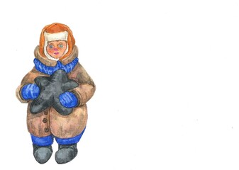 watercolor illustration of little boy in sheepskin coat,felt boots,hat with earflaps with toy star in his hands isolated on white background.New Year's card. Vintage cotton toys for Christmas tree