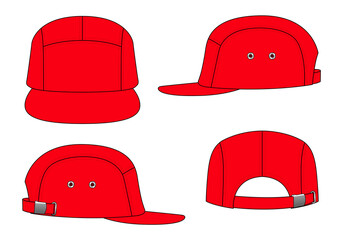 Blank Red 5 Panels Cap With Flat Brim Cap and Metal Buckle Back Strap Template Vector on White Background.
