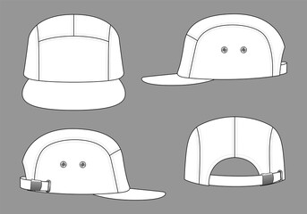 Blank White 5-Panels Cap with Flat Brim Cap and Metal Buckle Strap Back Template on Gray Background, Vector File