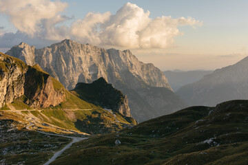 Julian Alps mountains Autumn Sunset view from Mangart, Slovenia. Scenis Image of Slovenia.