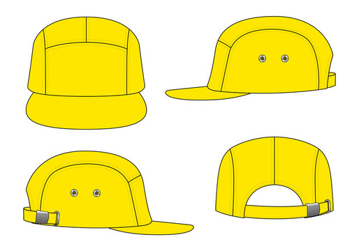 Blank Yellow 5 Panels Cap With Flat Brim Cap and Metal Buckle Back Strap Template Vector On White Background.