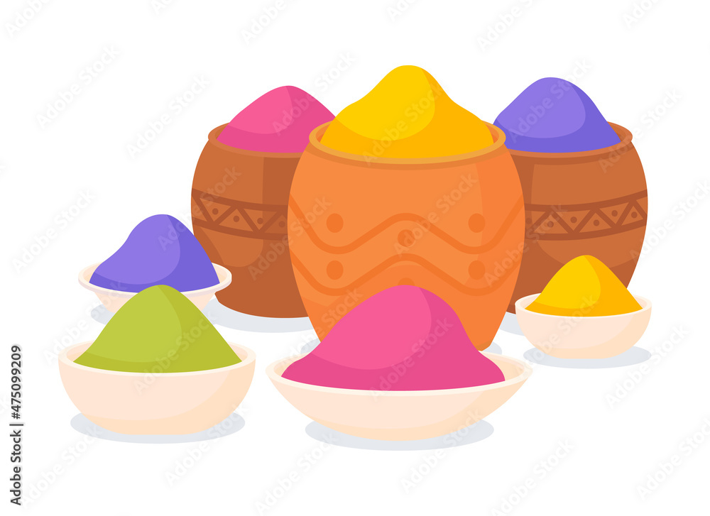 Poster multicolored powder in containers semi flat color vector object. realistic item on white. holi festi