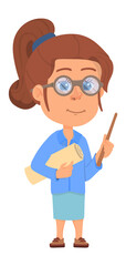 Girl with teacher wooden pointer stick and paper scroll