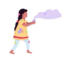 Girl playing with paint semi flat color vector character. Dynamic figure. Full body person on white. Holi festival isolated modern cartoon style illustration for graphic design and animation
