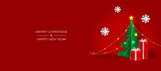 Naklejka premium Happy New Year illustration. Christmas tree on a red background. Digital craft style.
