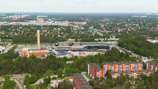 Apartment and industrial buildings of Stockholm suburbs of Solna, aerial drone view