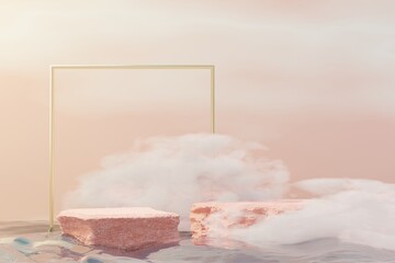 3d Beauty premium pedestal product display with Dreaming land and fluffy cloud. Minimal pink sky and clouds scene for present product promotion and beauty cosmetics. Romance land of Dreams concept.
