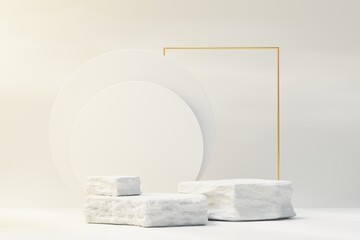 3d render of rock podium display with Tropical nature scene. Product and promotion concept for advertising. Abstract Stone pedestal for presentation objects.