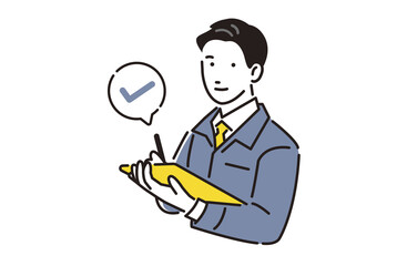 バインダーを持つ作業着の男性