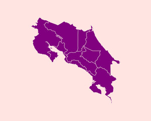 Modern Velvet Violet Color High Detailed Border Map Of Costa Rica, Isolated on Pink Background Vector Illustration
